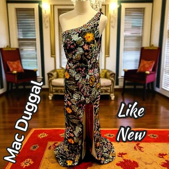 Mac Duggal Green, Black and Orange Tropical and Floral Sequin, Backless Dress - Picture 9 of 11
